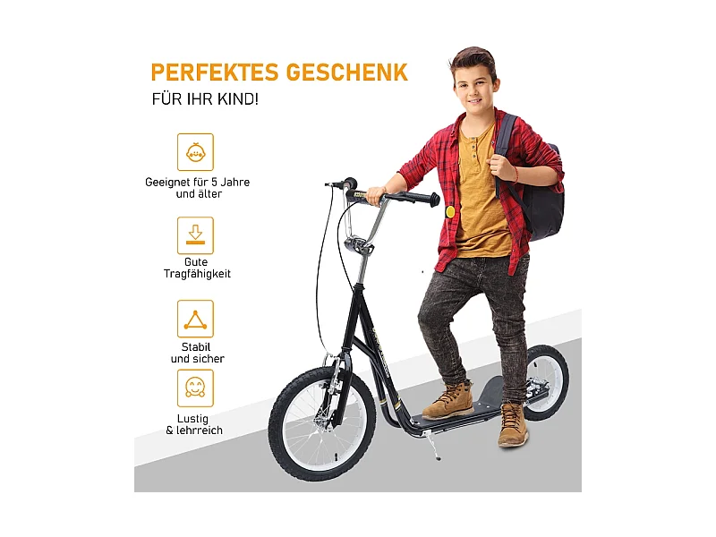 Trottinette enfant 16/12 pouces avec freins, cadre en acier, pneus air, noir (135x58x100cm)