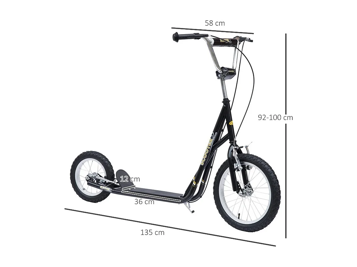 Trottinette enfant 16/12 pouces avec freins, cadre en acier, pneus air, noir (135x58x100cm)