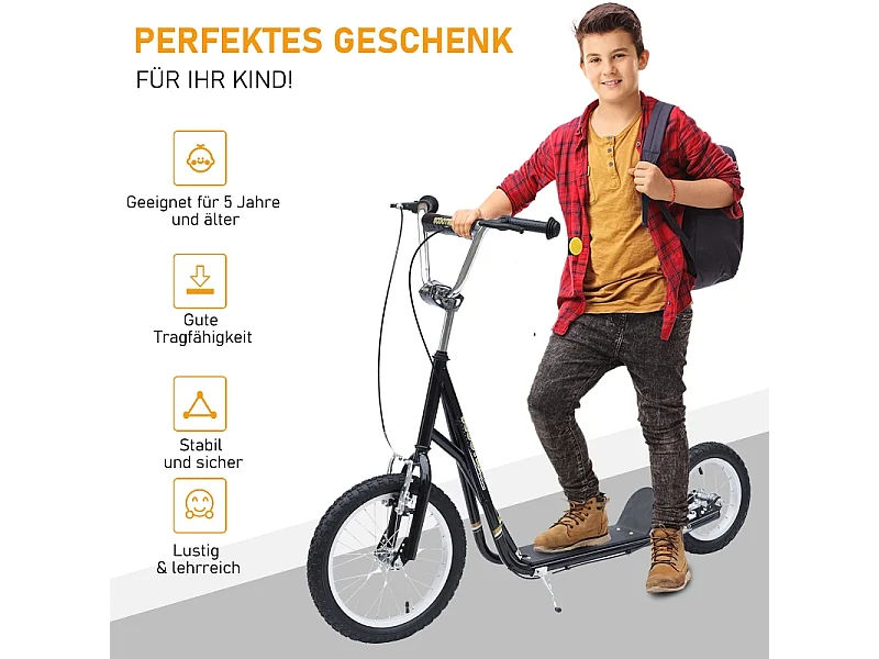 Trottinette enfant 16/12 pouces avec freins, cadre en acier, pneus air, noir (135x58x100cm)