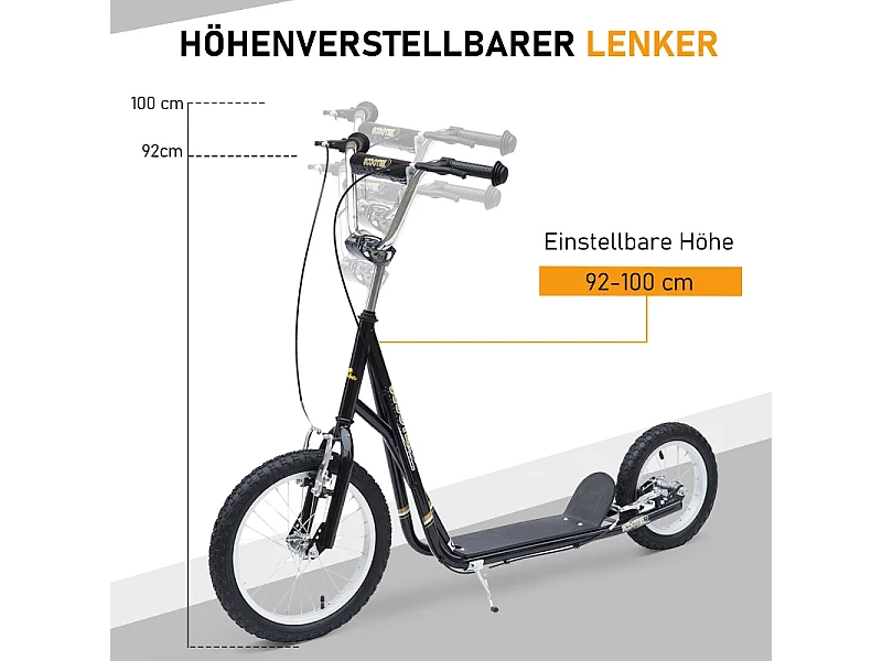 Trottinette enfant 16/12 pouces avec freins, cadre en acier, pneus air, noir (135x58x100cm)