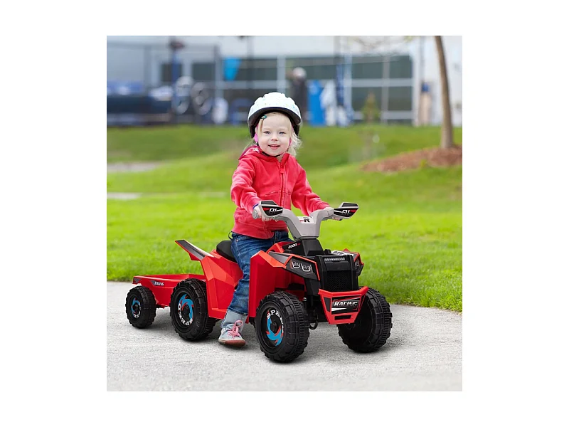 Quad électrique pour enfant avec remorque, vitesse 2.5 km/h, métal, rouge (106x41.5x48.5 cm)
