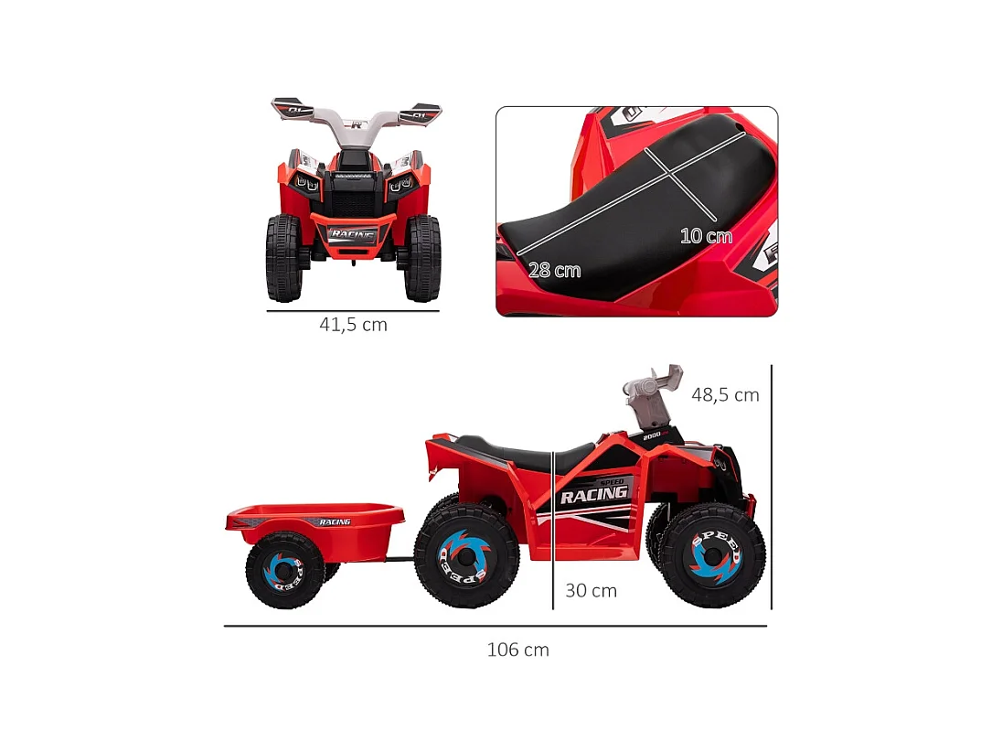 Quad électrique pour enfant avec remorque, vitesse 2.5 km/h, métal, rouge (106x41.5x48.5 cm)