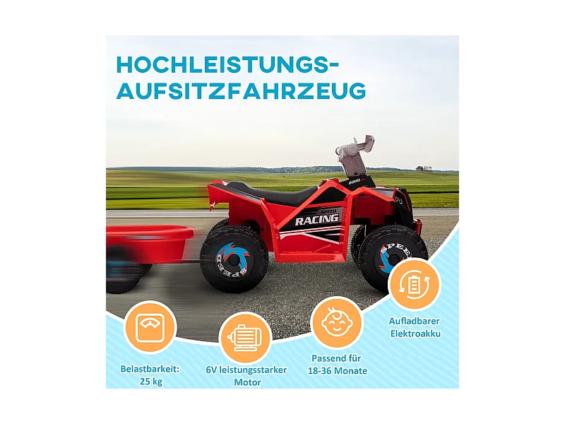 Quad électrique pour enfant avec remorque, vitesse 2.5 km/h, métal, rouge (106x41.5x48.5 cm)