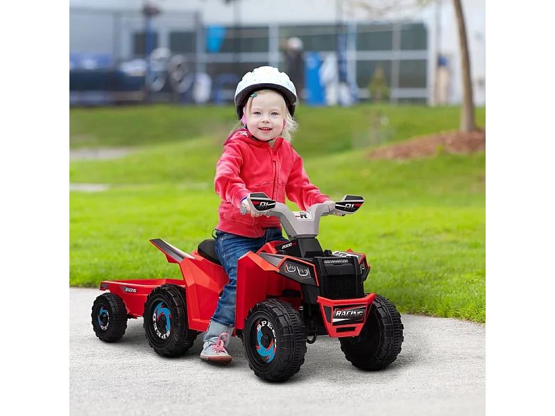 Quad électrique pour enfant avec remorque, vitesse 2.5 km/h, métal, rouge (106x41.5x48.5 cm)