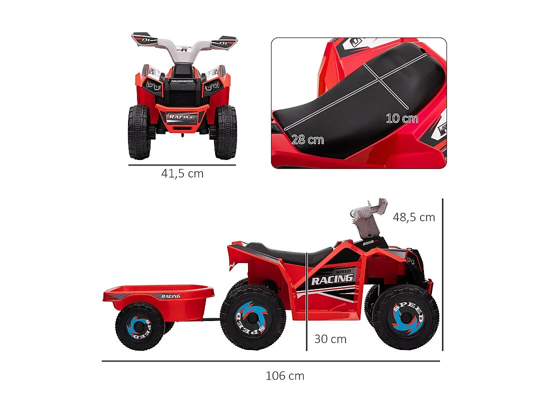 Quad électrique pour enfant avec remorque, vitesse 2.5 km/h, métal, rouge (106x41.5x48.5 cm)