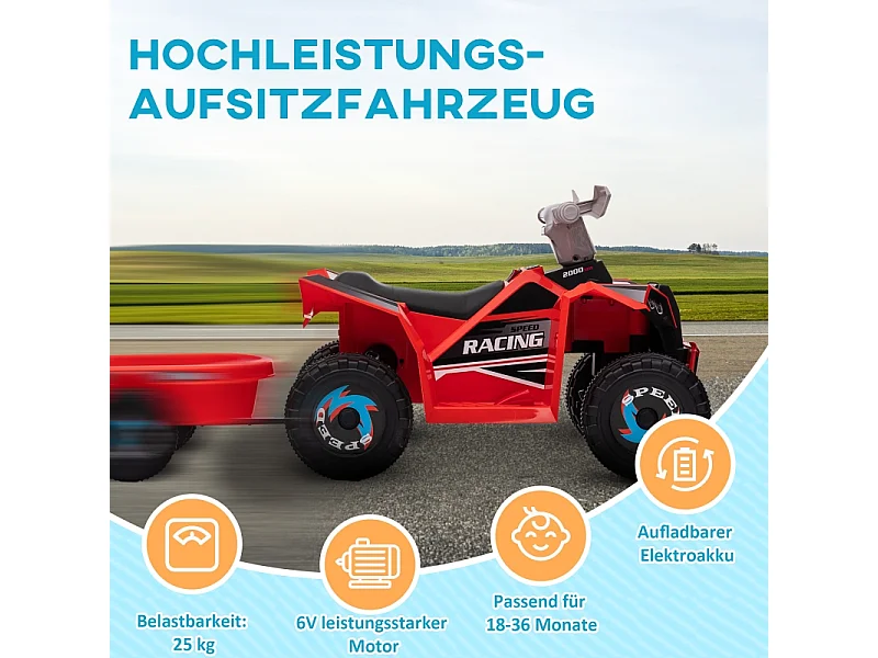 Quad électrique pour enfant avec remorque, vitesse 2.5 km/h, métal, rouge (106x41.5x48.5 cm)
