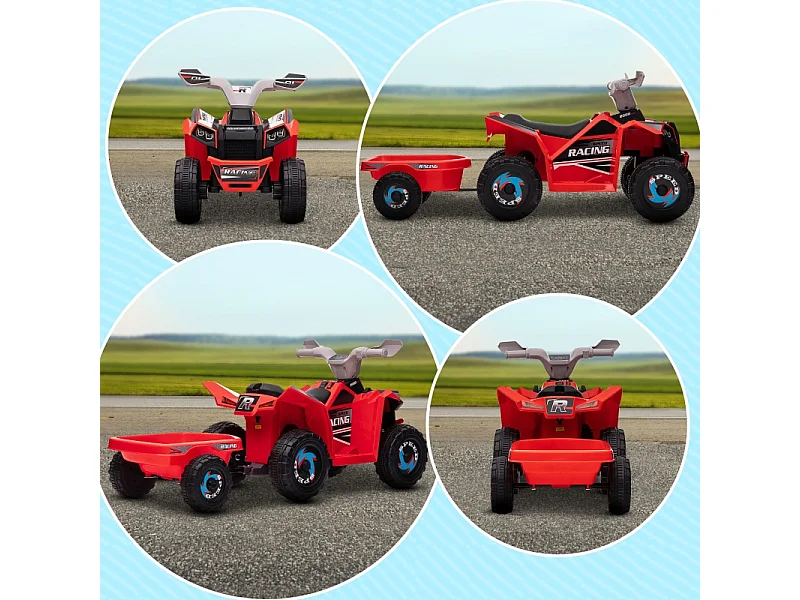 Quad électrique pour enfant avec remorque, vitesse 2.5 km/h, métal, rouge (106x41.5x48.5 cm)