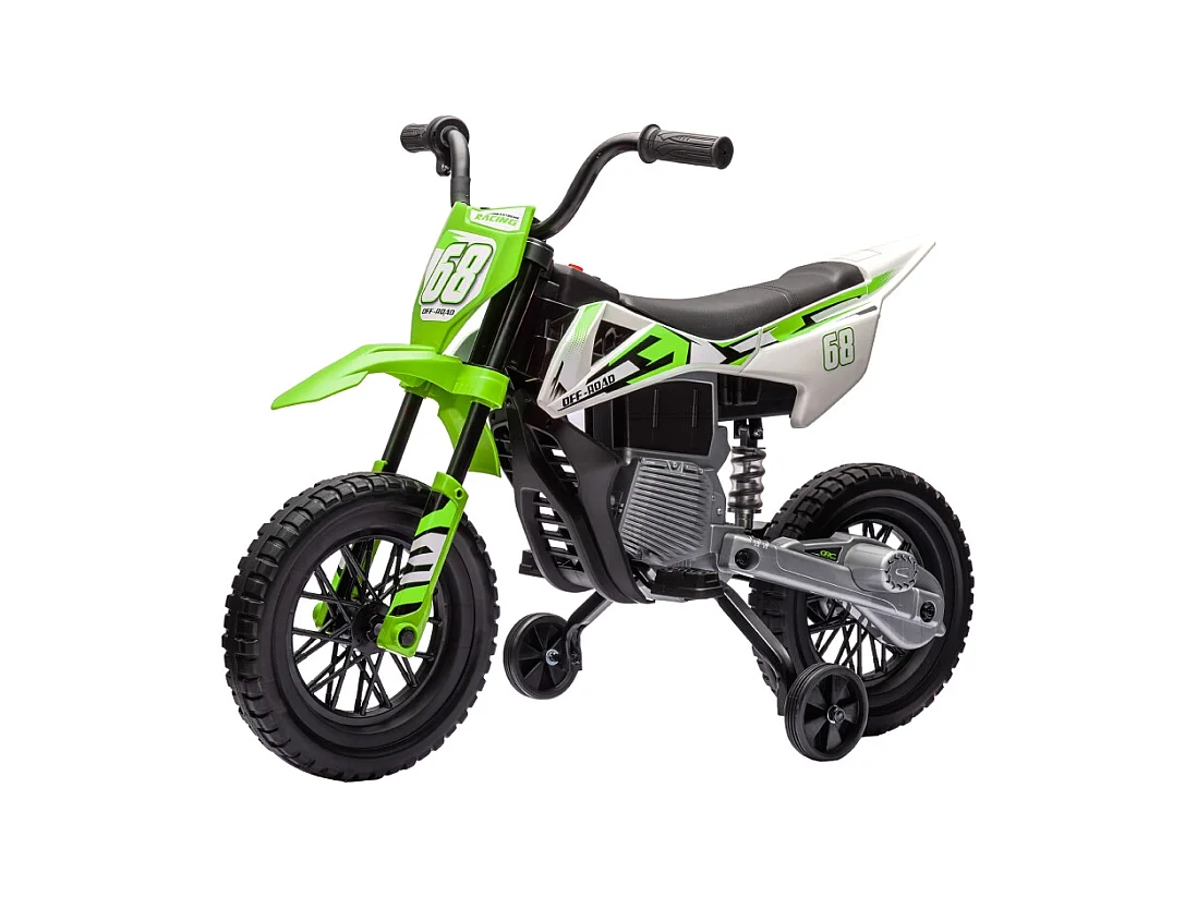 Moto électrique pour enfants, 12V avec roues stabilisatrices, plastique, vert (107x56x70cm)