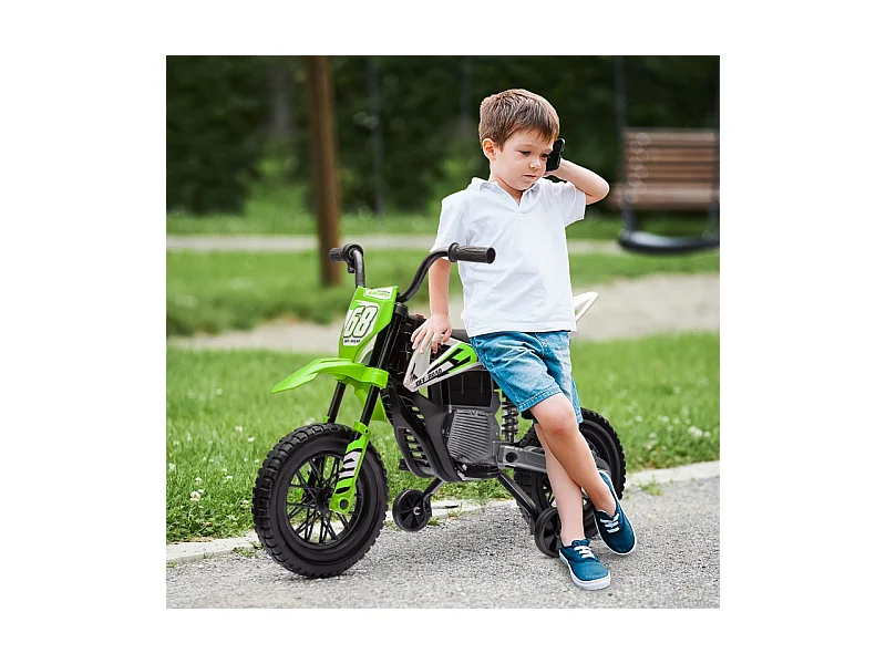 Moto électrique pour enfants, 12V avec roues stabilisatrices, plastique, vert (107x56x70cm)