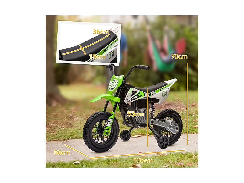 Moto électrique pour enfants, 12V avec roues stabilisatrices, plastique, vert (107x56x70cm)