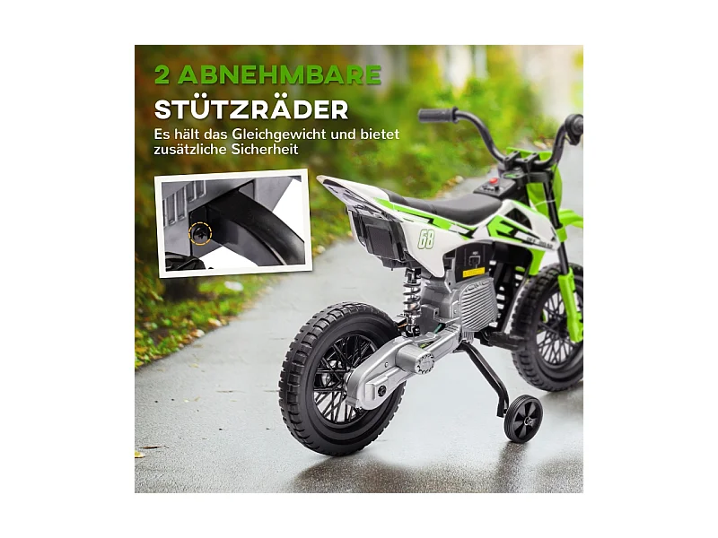 Moto électrique pour enfants, 12V avec roues stabilisatrices, plastique, vert (107x56x70cm)