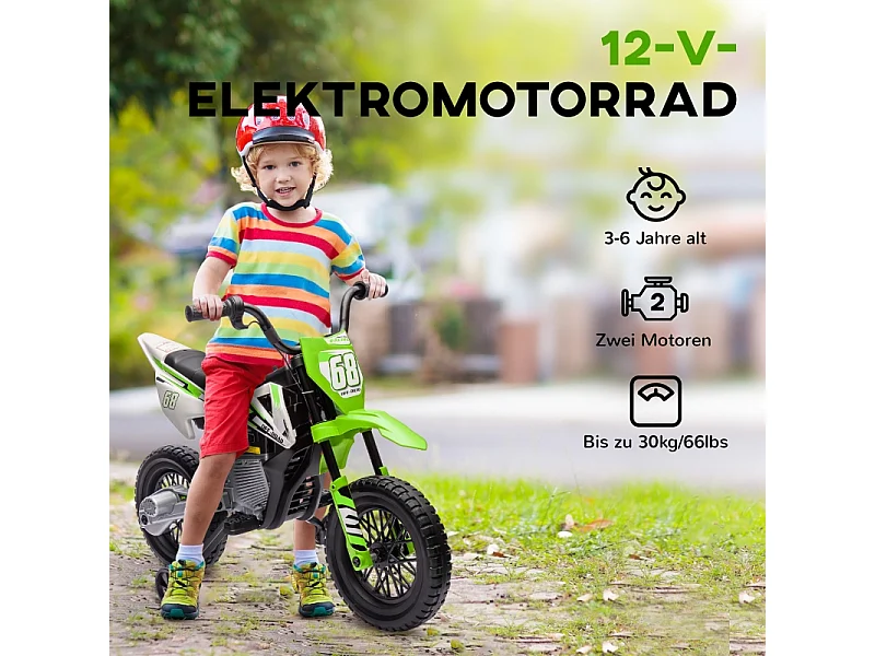 Moto électrique pour enfants, 12V avec roues stabilisatrices, plastique, vert (107x56x70cm)