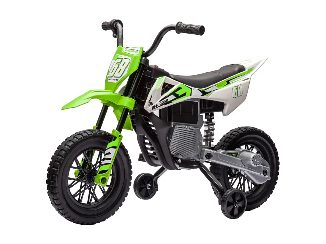 Moto électrique pour enfants, 12V avec roues stabilisatrices, plastique, vert (107x56x70cm)