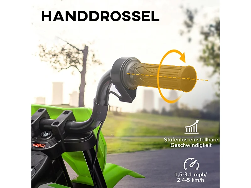 Moto électrique pour enfants, 12V avec roues stabilisatrices, plastique, vert (107x56x70cm)