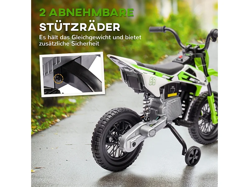Moto électrique pour enfants, 12V avec roues stabilisatrices, plastique, vert (107x56x70cm)
