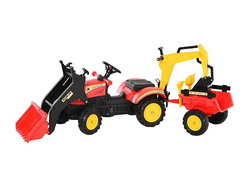 Traptractor met aanhanger en verstelbare voorlader, staal, rood (179x42x59 cm)