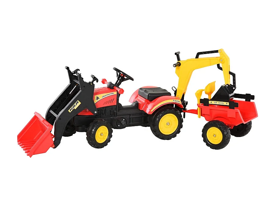 Traptractor met aanhanger en verstelbare voorlader, staal, rood (179x42x59 cm)