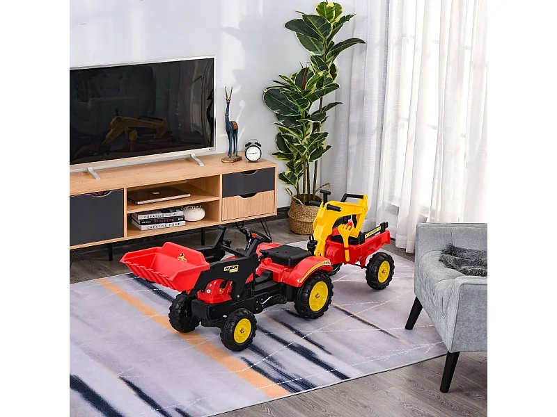 Traptractor met aanhanger en verstelbare voorlader, staal, rood (179x42x59 cm)