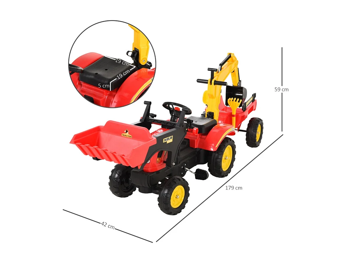 Traptractor met aanhanger en verstelbare voorlader, staal, rood (179x42x59 cm)