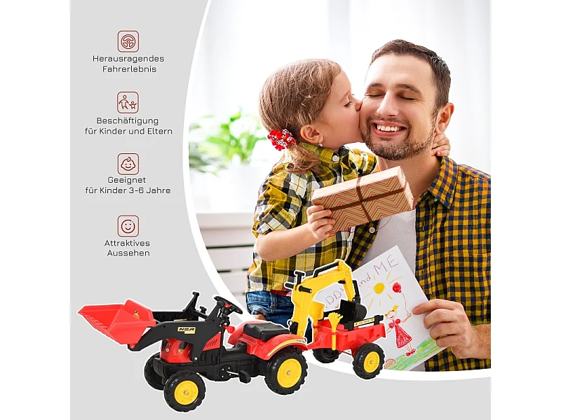 Traptractor met aanhanger en verstelbare voorlader, staal, rood (179x42x59 cm)