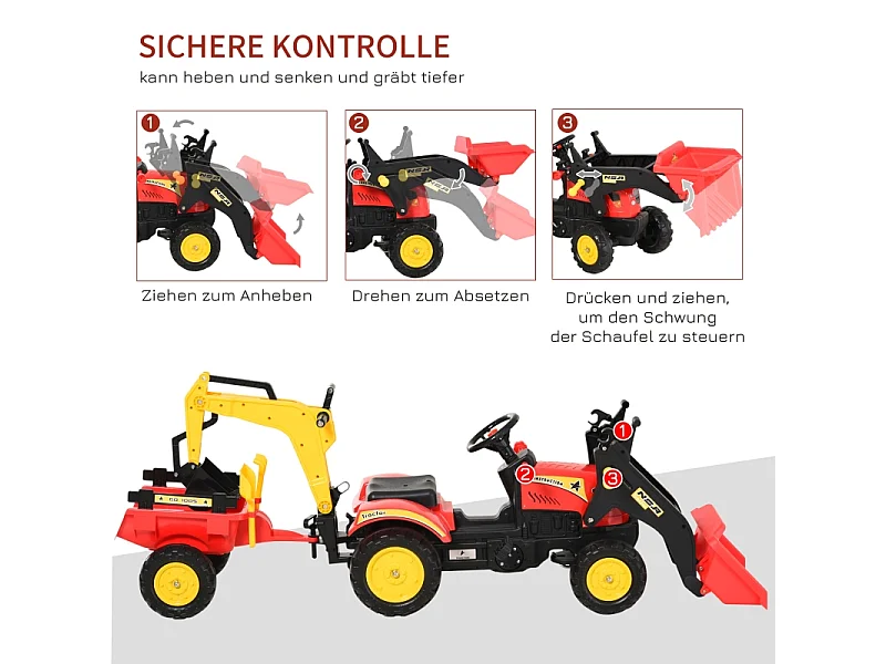 Traptractor met aanhanger en verstelbare voorlader, staal, rood (179x42x59 cm)