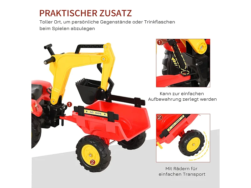 Traptractor met aanhanger en verstelbare voorlader, staal, rood (179x42x59 cm)