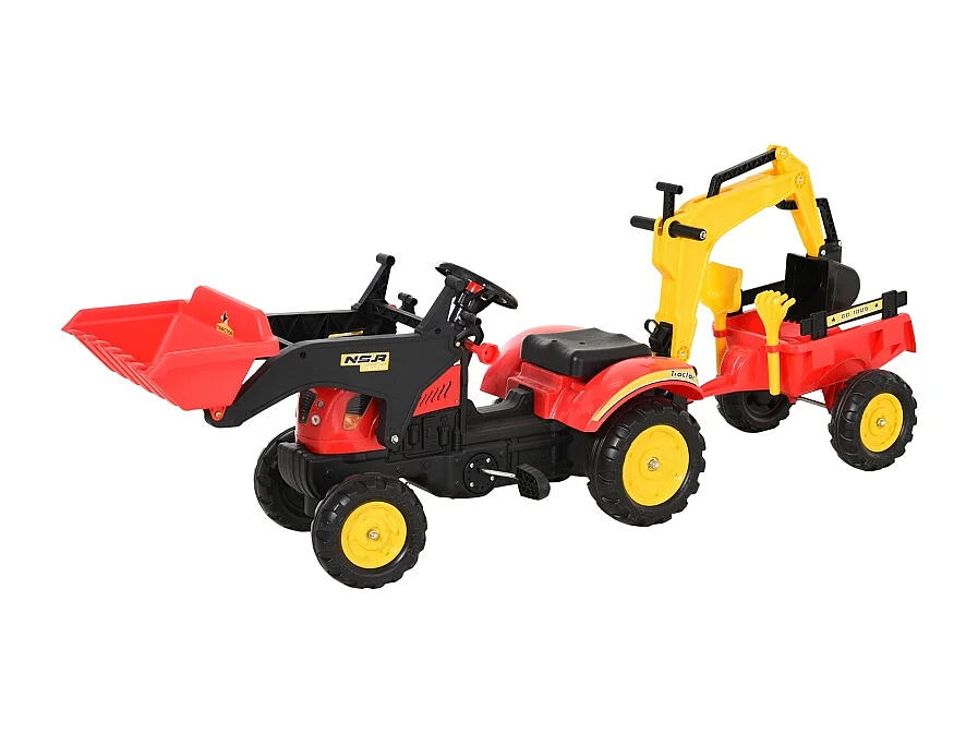 Traptractor met aanhanger en verstelbare voorlader, staal, rood (179x42x59 cm)