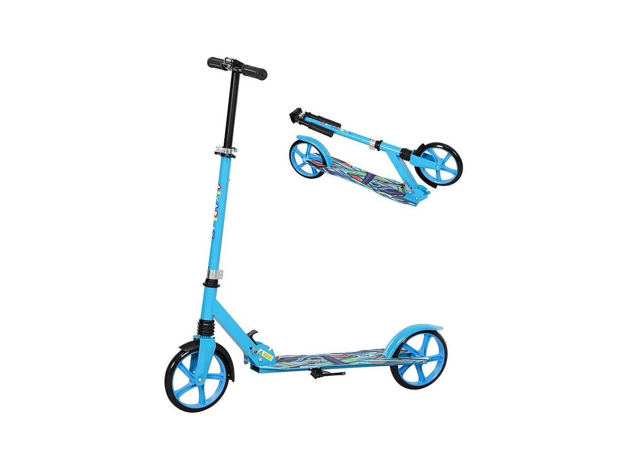 Trottinette pliable pour enfants, réglable en hauteur, 2 grandes roues, frein arrière, plastique, bleu (94x38x103cm)