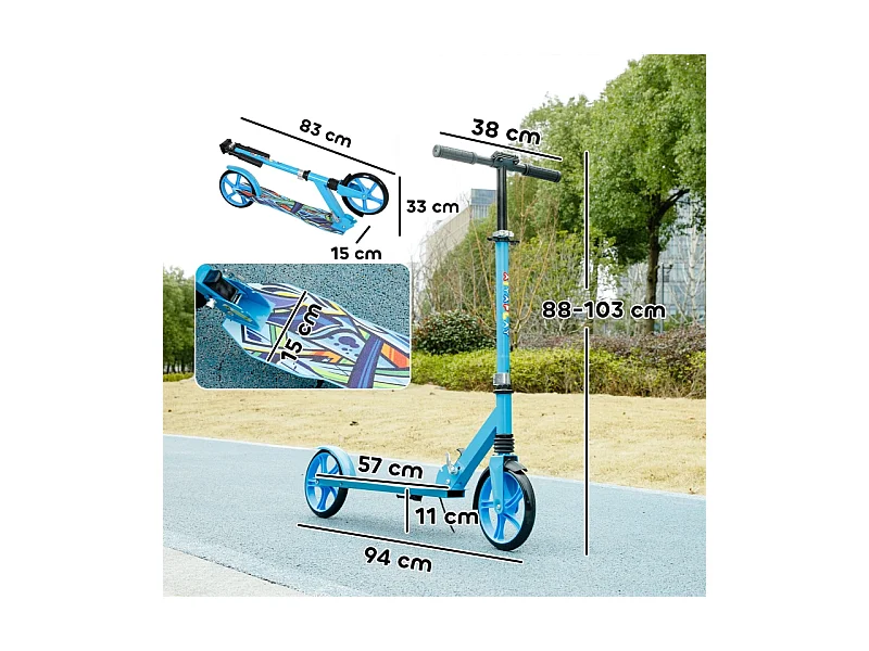 Trottinette pliable pour enfants, réglable en hauteur, 2 grandes roues, frein arrière, plastique, bleu (94x38x103cm)