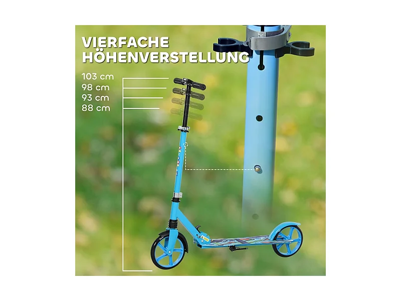 Trottinette pliable pour enfants, réglable en hauteur, 2 grandes roues, frein arrière, plastique, bleu (94x38x103cm)