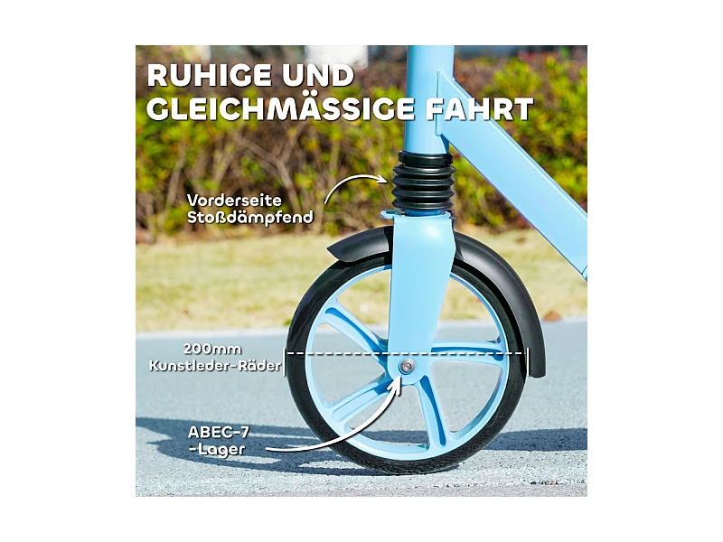 Trottinette pliable pour enfants, réglable en hauteur, 2 grandes roues, frein arrière, plastique, bleu (94x38x103cm)
