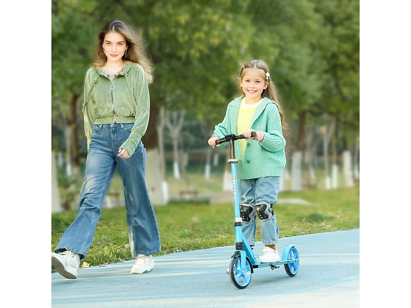 Trottinette pliable pour enfants, réglable en hauteur, 2 grandes roues, frein arrière, plastique, bleu (94x38x103cm)