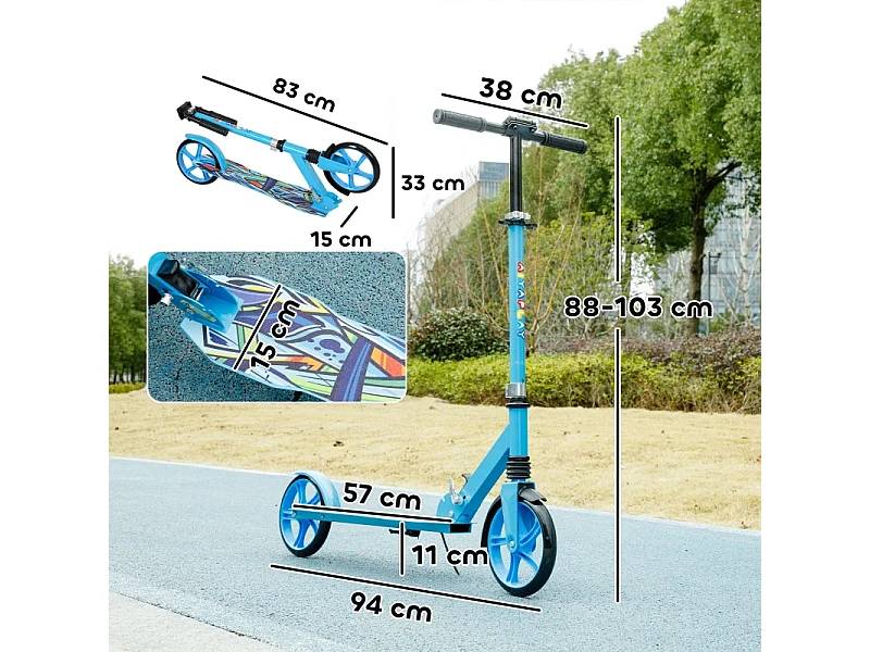 Trottinette pliable pour enfants, réglable en hauteur, 2 grandes roues, frein arrière, plastique, bleu (94x38x103cm)
