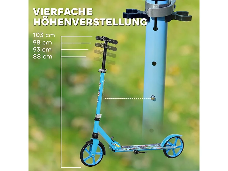 Trottinette pliable pour enfants, réglable en hauteur, 2 grandes roues, frein arrière, plastique, bleu (94x38x103cm)