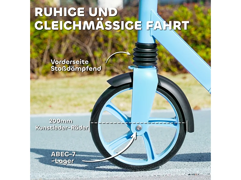 Trottinette pliable pour enfants, réglable en hauteur, 2 grandes roues, frein arrière, plastique, bleu (94x38x103cm)