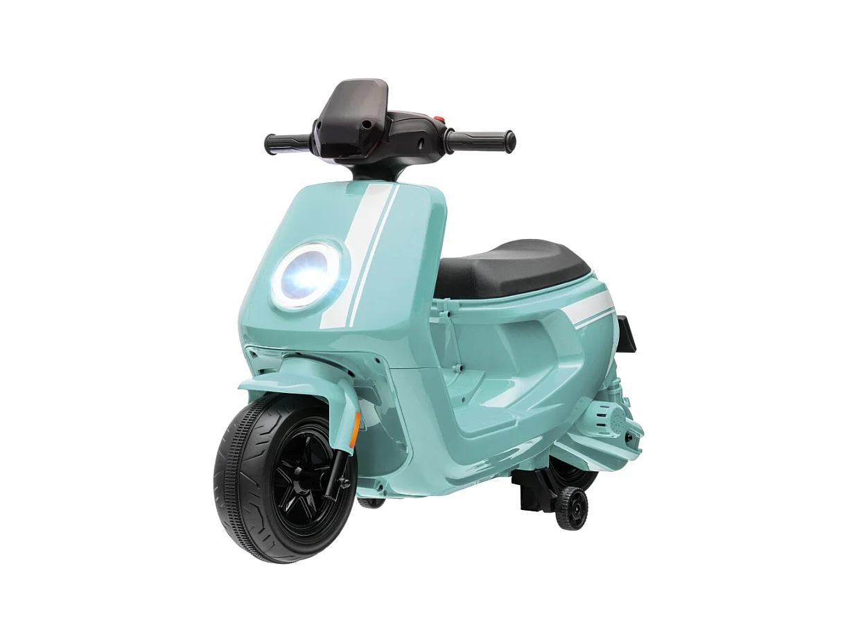 Moto électrique pour enfants, avec phare et musique, marche avant/arrière, roues stabilisatrices, plastique, vert (90x39x61cm)