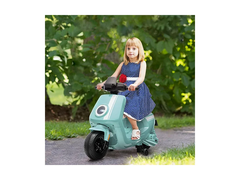 Moto électrique pour enfants, avec phare et musique, marche avant/arrière, roues stabilisatrices, plastique, vert (90x39x61cm)