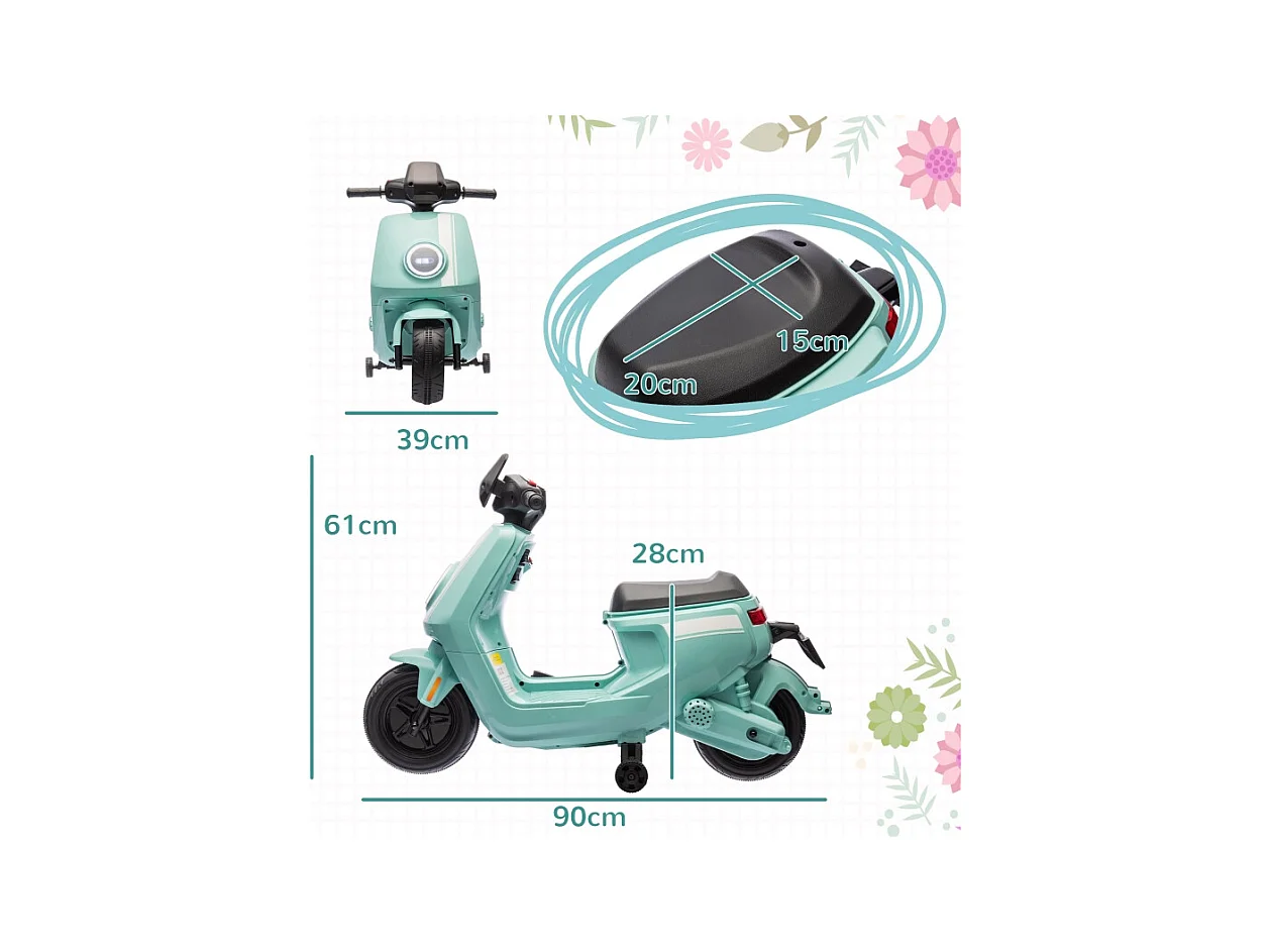 Moto électrique pour enfants, avec phare et musique, marche avant/arrière, roues stabilisatrices, plastique, vert (90x39x61cm)