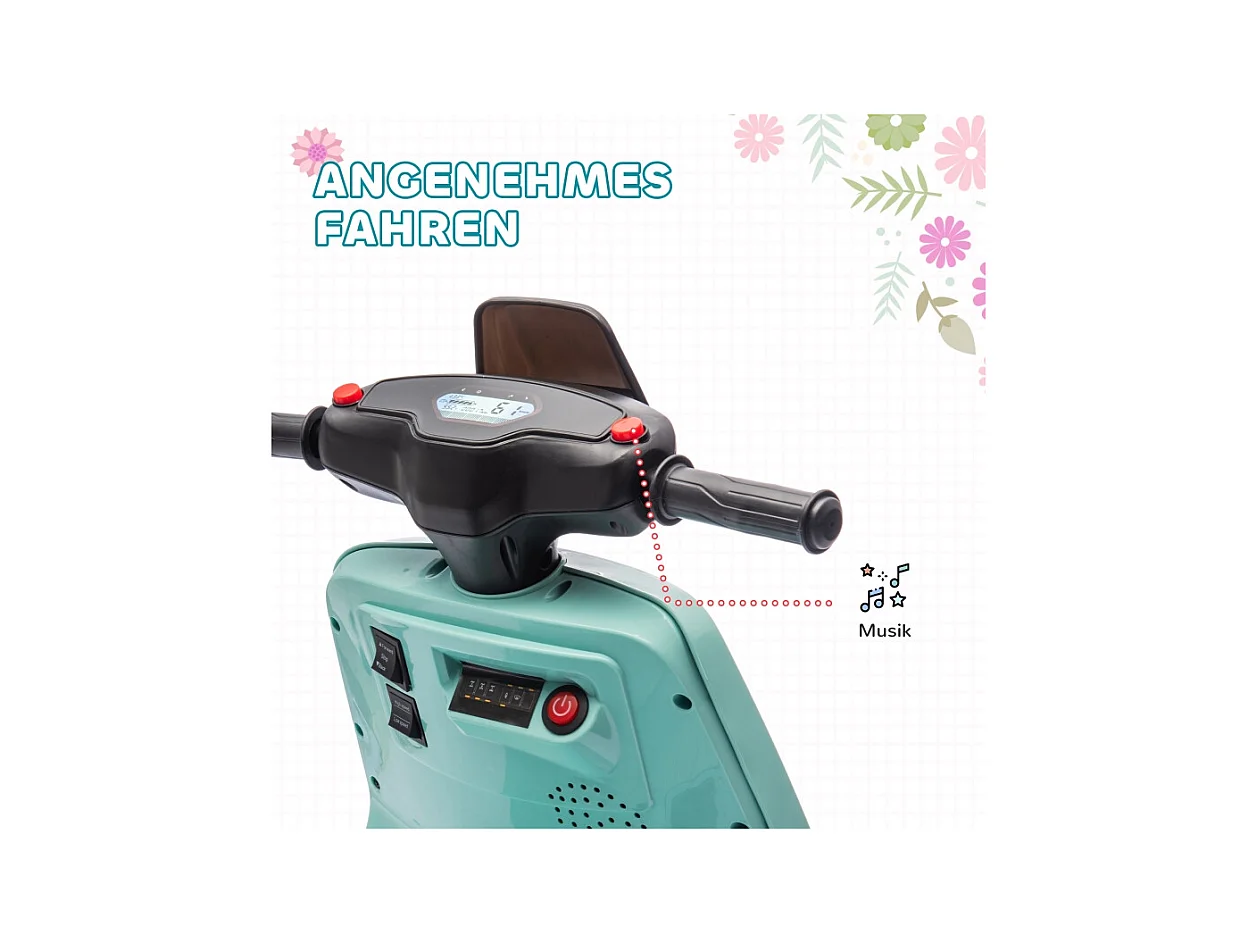 Moto électrique pour enfants, avec phare et musique, marche avant/arrière, roues stabilisatrices, plastique, vert (90x39x61cm)