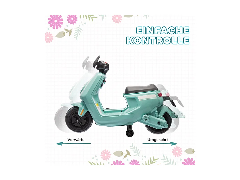 Moto électrique pour enfants, avec phare et musique, marche avant/arrière, roues stabilisatrices, plastique, vert (90x39x61cm)