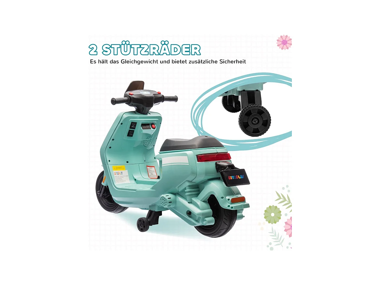 Moto électrique pour enfants, avec phare et musique, marche avant/arrière, roues stabilisatrices, plastique, vert (90x39x61cm)