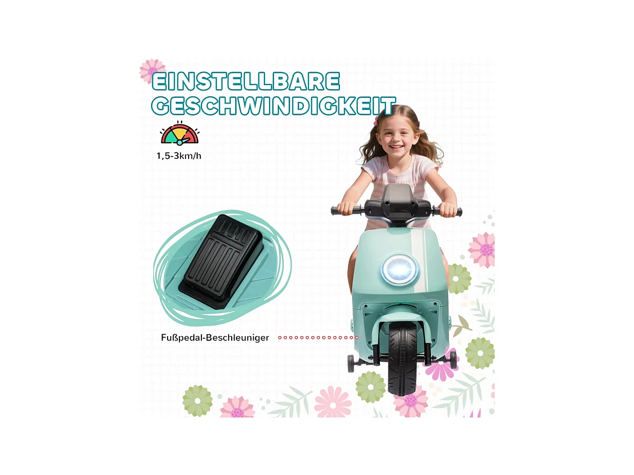Moto électrique pour enfants, avec phare et musique, marche avant/arrière, roues stabilisatrices, plastique, vert (90x39x61cm)