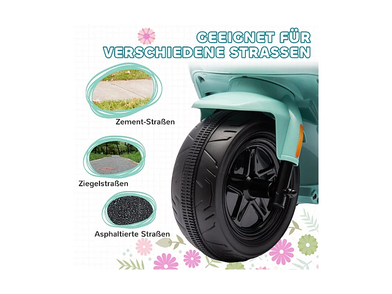 Moto électrique pour enfants, avec phare et musique, marche avant/arrière, roues stabilisatrices, plastique, vert (90x39x61cm)