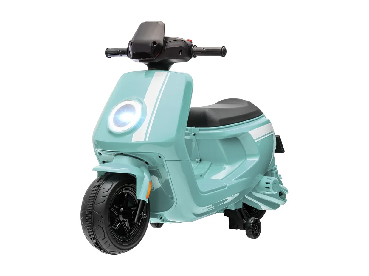 Moto électrique pour enfants, avec phare et musique, marche avant/arrière, roues stabilisatrices, plastique, vert (90x39x61cm)