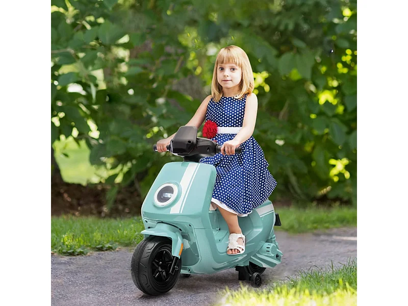 Moto électrique pour enfants, avec phare et musique, marche avant/arrière, roues stabilisatrices, plastique, vert (90x39x61cm)