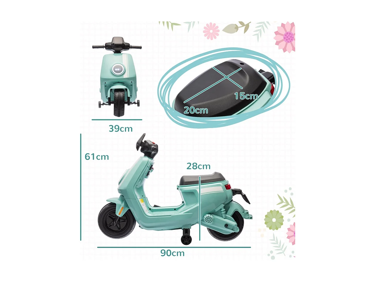 Moto électrique pour enfants, avec phare et musique, marche avant/arrière, roues stabilisatrices, plastique, vert (90x39x61cm)