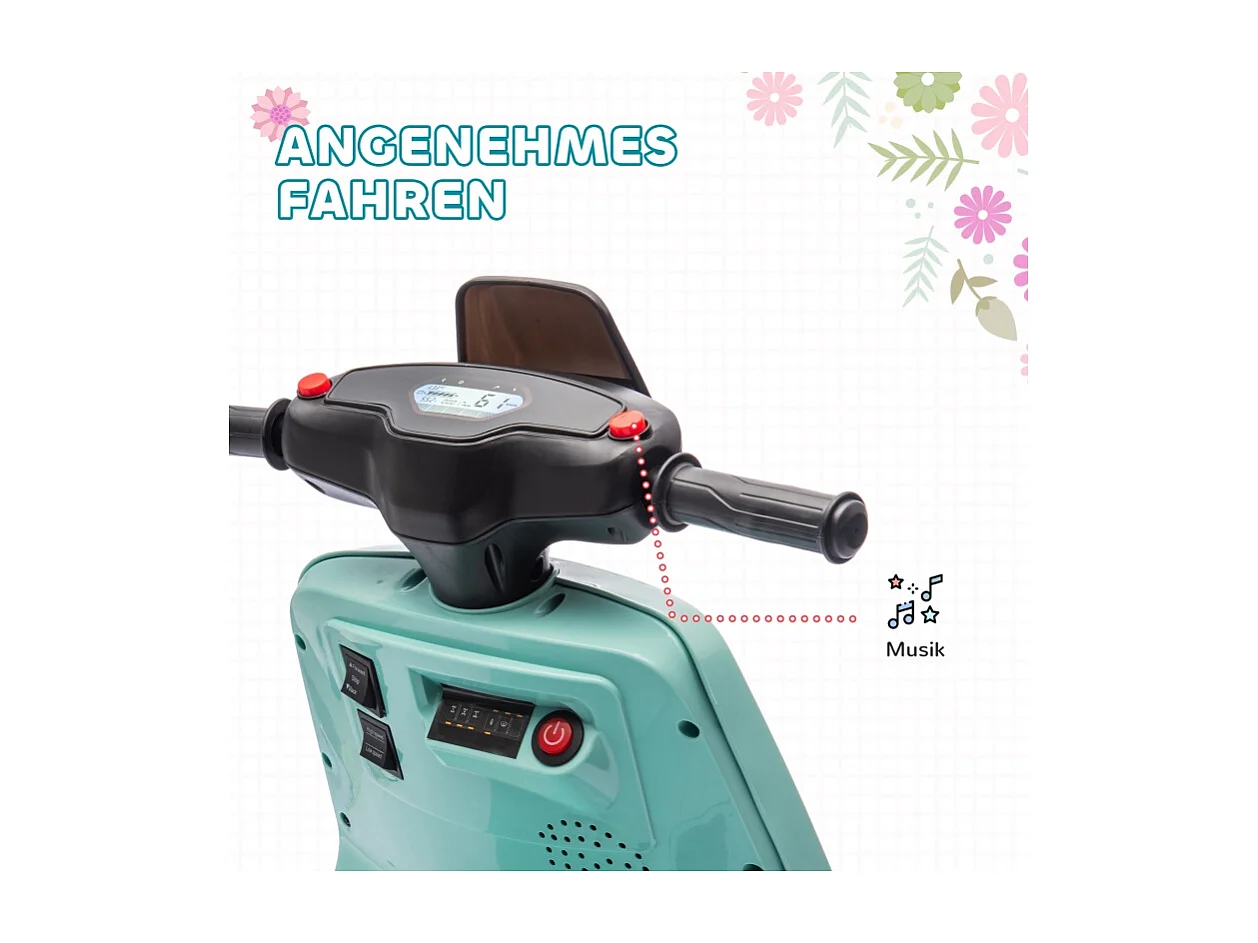 Moto électrique pour enfants, avec phare et musique, marche avant/arrière, roues stabilisatrices, plastique, vert (90x39x61cm)