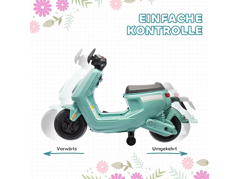 Moto électrique pour enfants, avec phare et musique, marche avant/arrière, roues stabilisatrices, plastique, vert (90x39x61cm)