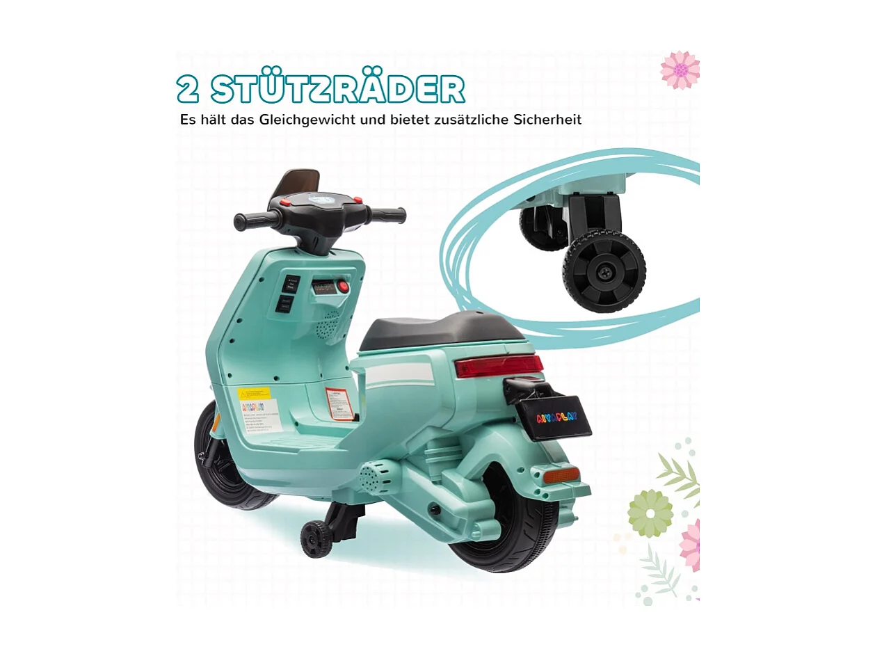 Moto électrique pour enfants, avec phare et musique, marche avant/arrière, roues stabilisatrices, plastique, vert (90x39x61cm)