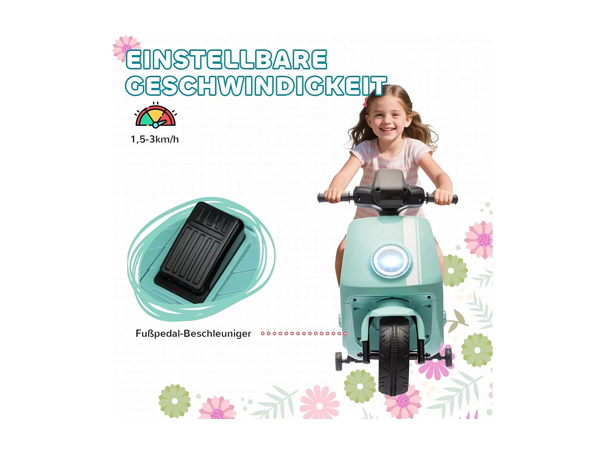 Moto électrique pour enfants, avec phare et musique, marche avant/arrière, roues stabilisatrices, plastique, vert (90x39x61cm)